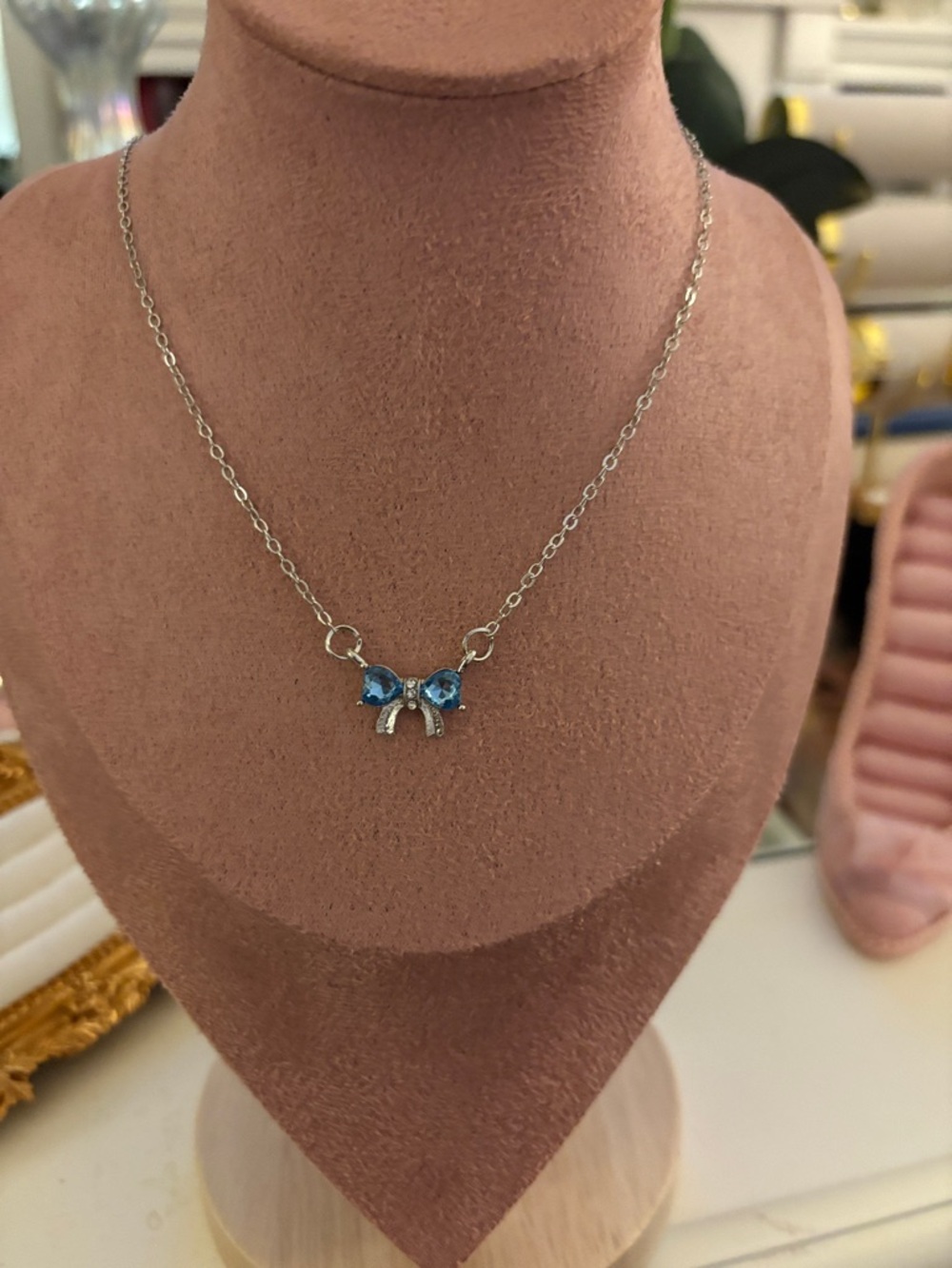 Sterling Silver Blue Bow Pendant Necklace